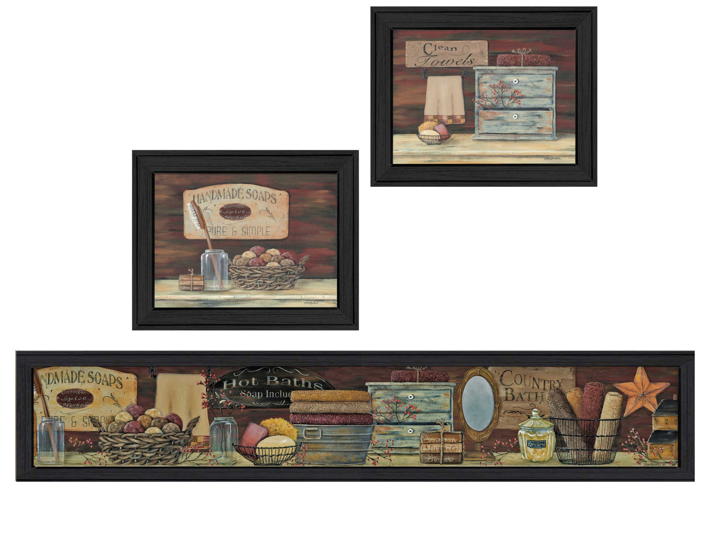 Set Of Three Country Bath 1 Black Framed Print Bathroom Wall Art