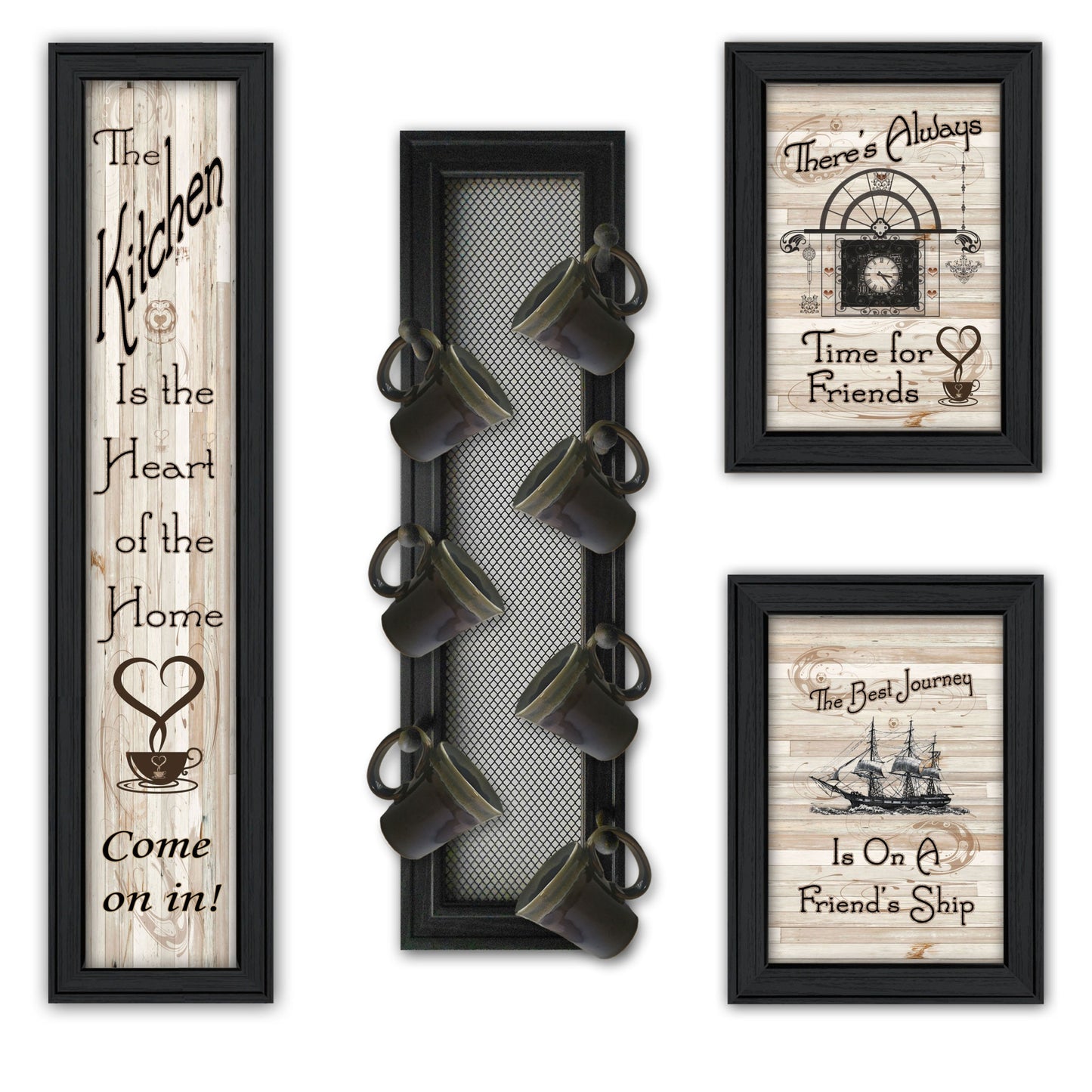 Set Of Four Come On In 3 Black Framed Kitchen Wall Prints with Mug Rack