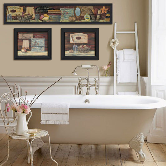 Set Of Three Country Bath Black Framed Print Bathroom Wall Art