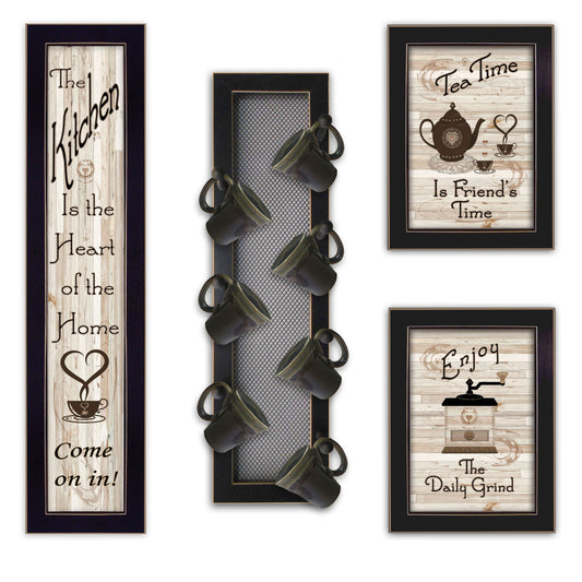 Set Of Four Come On In 2 Black Framed Kitchen Wall Prints with Mug Rack