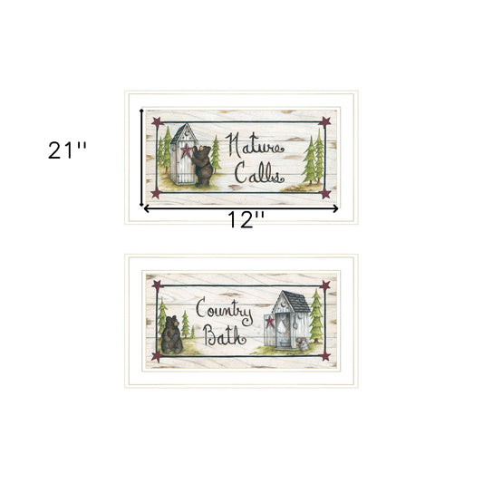 Set Of Two Whimsical Bear Nature Calls White Framed Bathroom Prints Wall Art