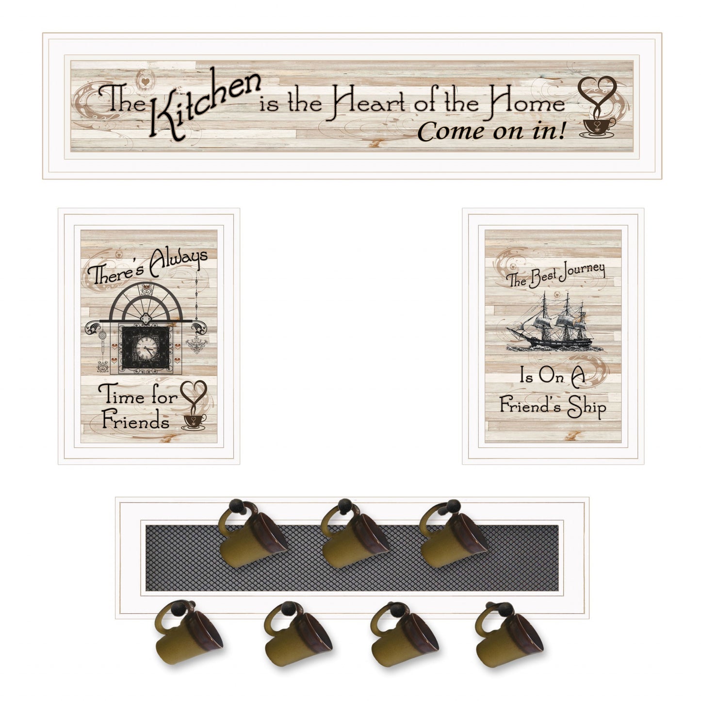 Set Of Four Kitchen Print (33x8) & Mug Rack(Horizonal) 27x8x3 White Frame White Framed Print Wall Art