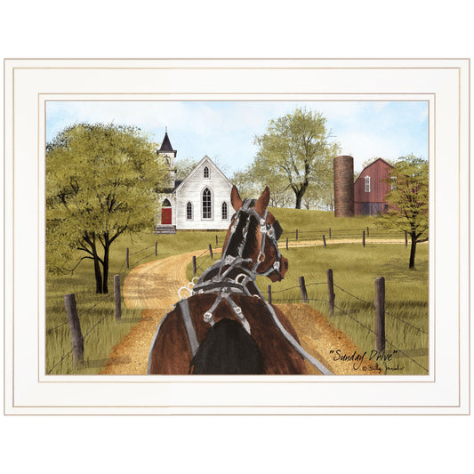 Amish On Sunday Drive 1 White Framed Print Wall Art