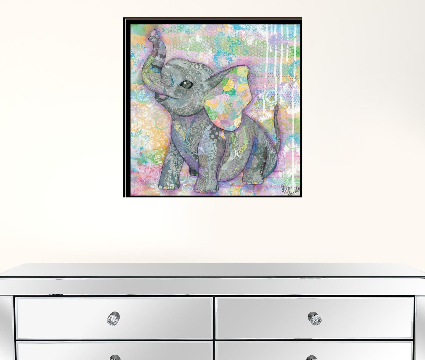 Set Of Three Whimsical Pastel Elephant Black Framed Print Wall Art with Mirror