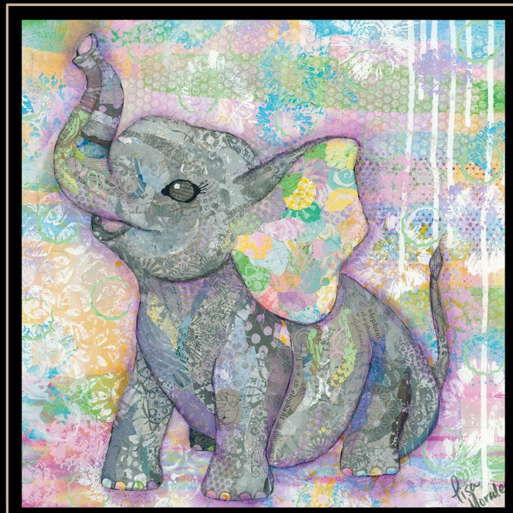 Set Of Three Whimsical Pastel Elephant Black Framed Print Wall Art with Mirror
