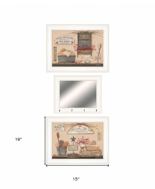Set Of Three Wash Room White Frame Bathroom Wall Art with Hooks