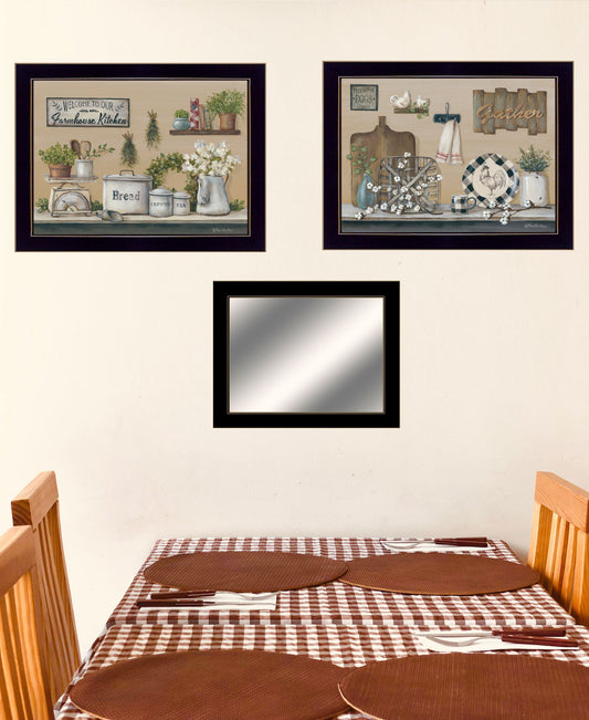 Set Of Three Farmhouse Kitchen 3 Black Framed Print Kitchen Wall Art with Mirror