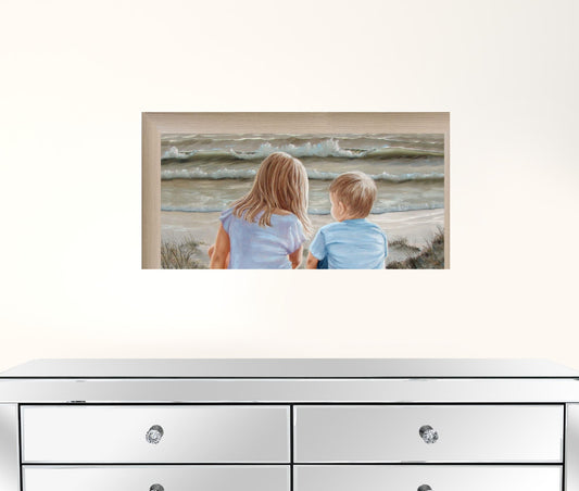 Boy And Girl Sitting In Dunes Brown Framed Print Wall Art