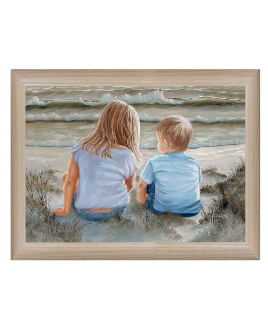 Boy And Girl Sitting In Dunes Brown Framed Print Wall Art