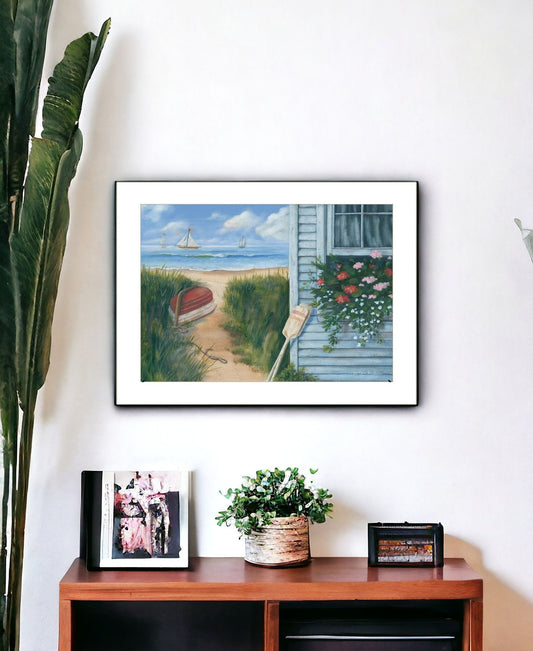 Beach Cottage 1 White Framed Print Wall Art