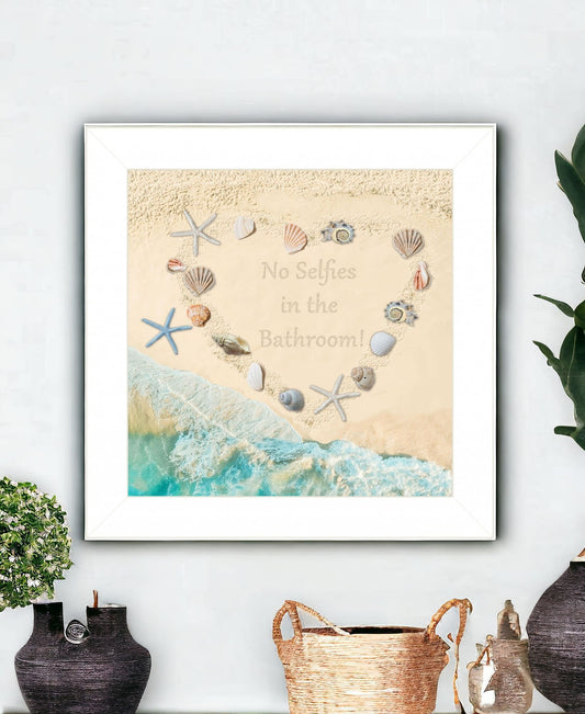 No Selfies In The Bathroom Sea 1 White Framed Print Wall Art