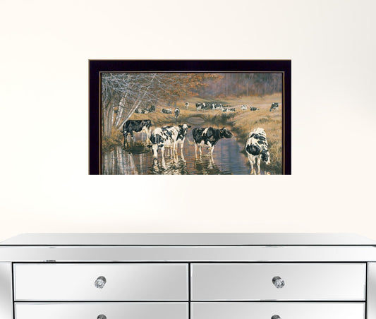Fall Reflections Holsteins In River Black Framed Print Wall Art