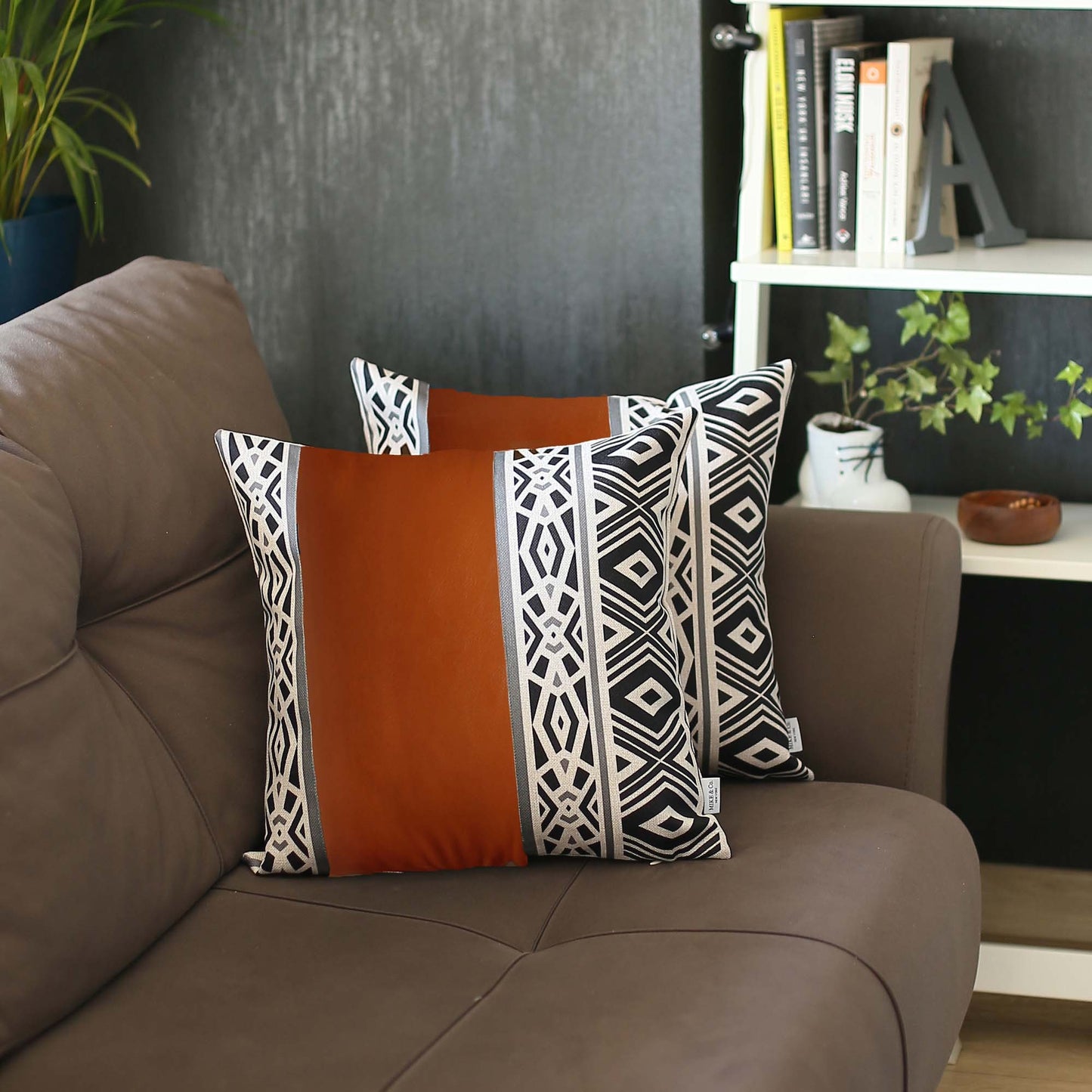 Set Of Two 17" X 17" Brown Geometric Zippered Handmade Faux Leather Throw Pillow Cover