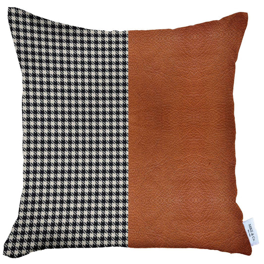 18" X 18" Brown Houndstooth Zippered Handmade Polyester Throw Pillow Cover