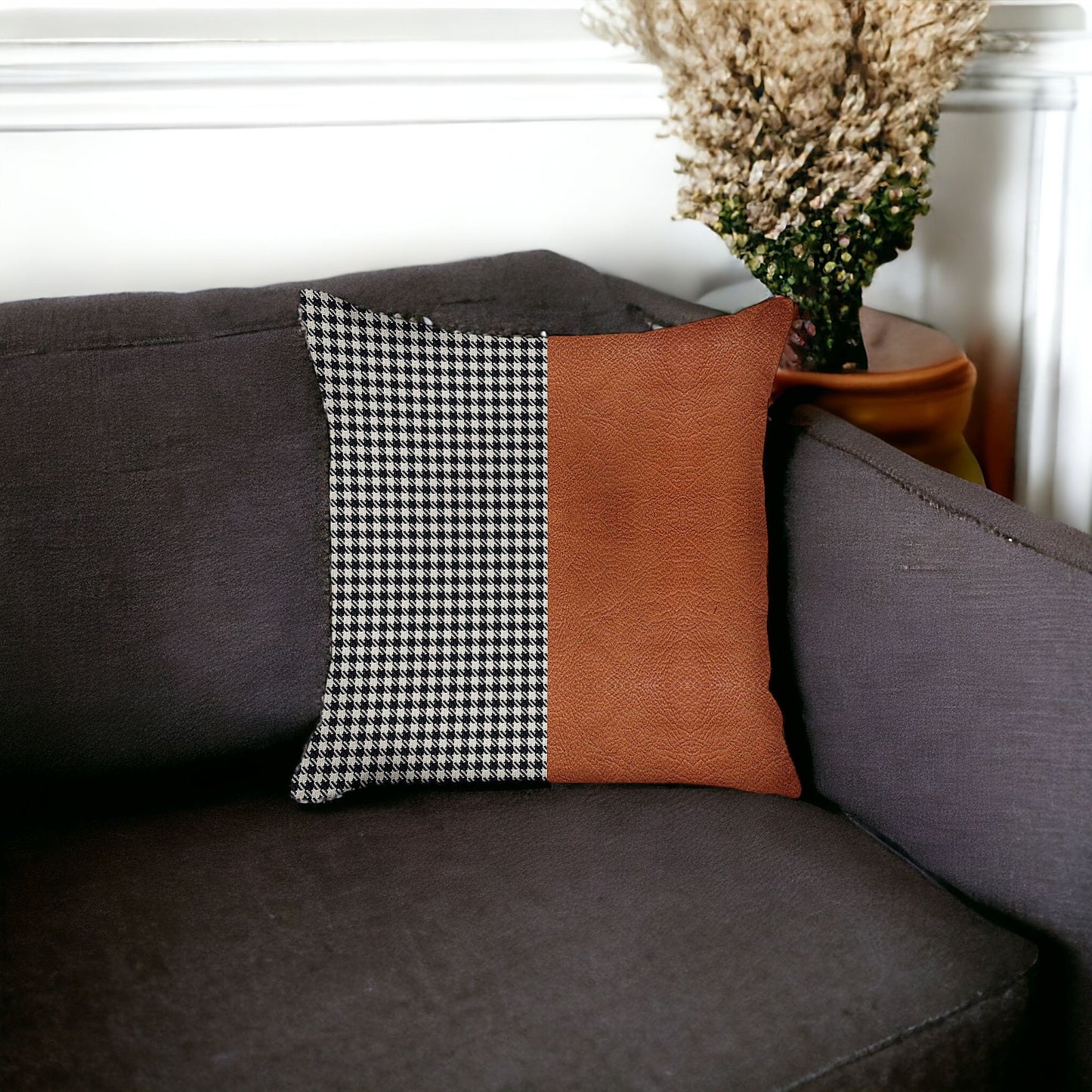 18" X 18" Brown Houndstooth Zippered Handmade Polyester Throw Pillow Cover