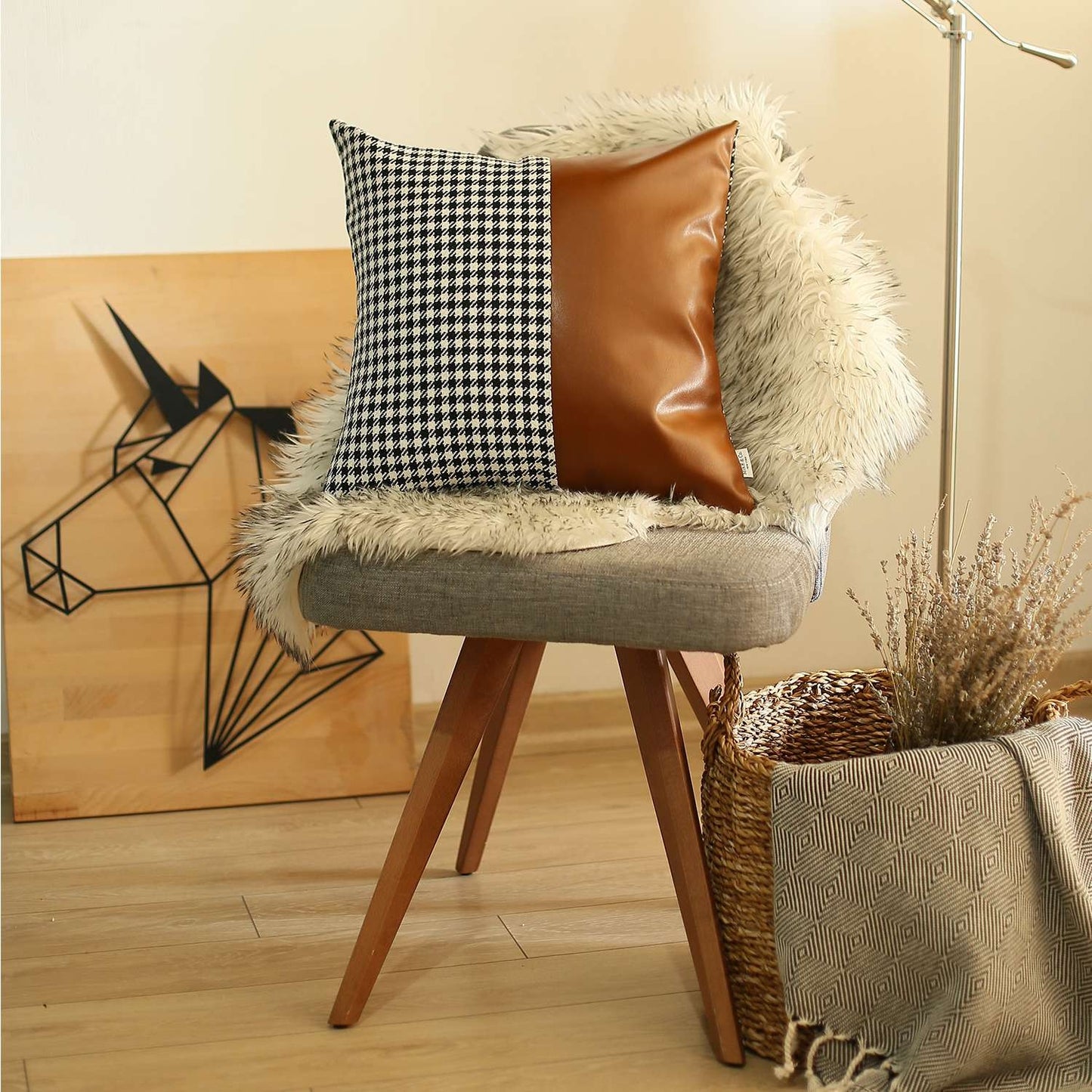 18" X 18" Brown Houndstooth Zippered Handmade Polyester Throw Pillow Cover