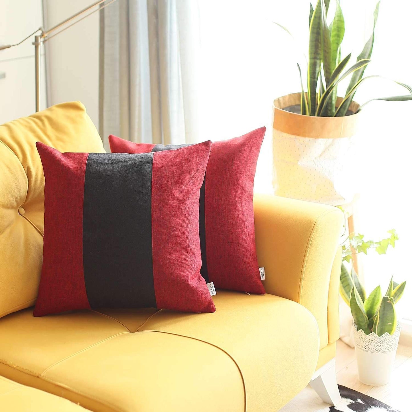 Set Of Two 18" X 18" Black And Red Geometric Zippered Handmade Polyester Throw Pillow