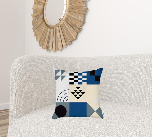 18" X 18" Blue And Black Abstract Zippered Handmade Polyester Throw Pillow Cover