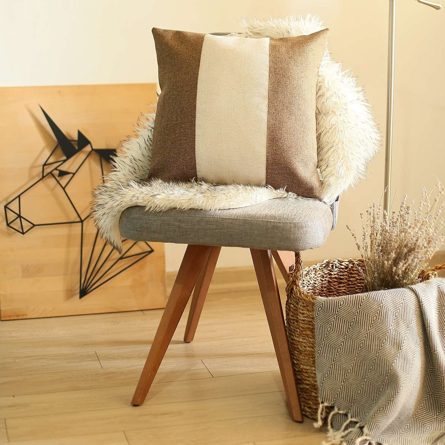 18" X 18" Brown And Grey Geometric Zippered Handmade Polyester Throw Pillow Cover