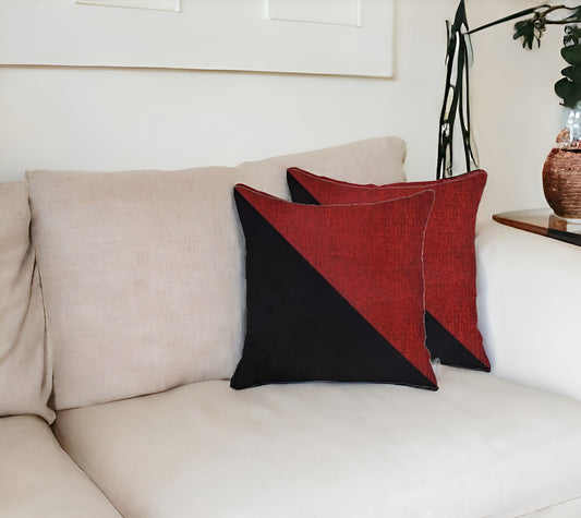 Set Of Two 18" X 18" Red And Black Geometric Zippered Handmade Polyester Throw Pillow