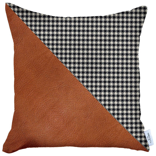 18" X 18" Brown And Black Houndstooth Zippered Handmade Polyester Throw Pillow Cover