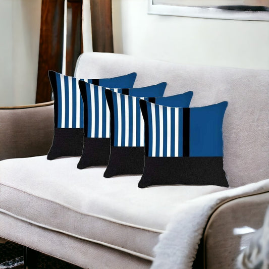 Set Of Four 18" X 18" Blue Striped Zippered Handmade Polyester Throw Pillow