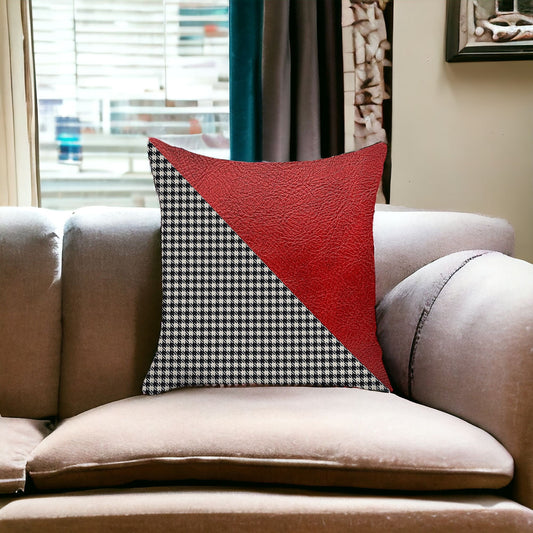 18" X 18" Black And Red Houndstooth Zippered Handmade Polyester Throw Pillow Cover