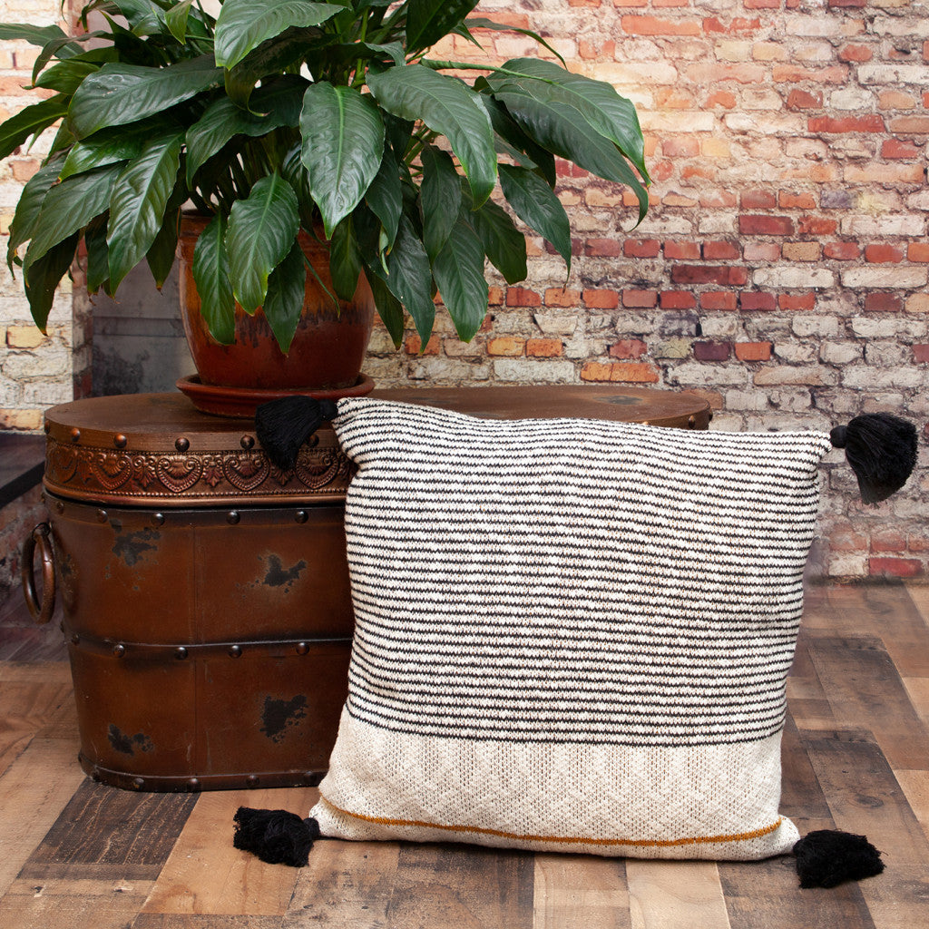 20" x 20" Beige Stripe Pattern Square Accent Throw Pillow with Tassel