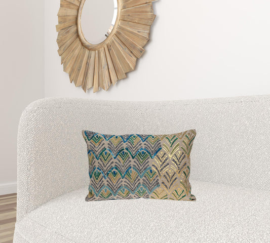 14" X 20" Beige And Green Zippered 100% Cotton Throw Pillow With Embroidery