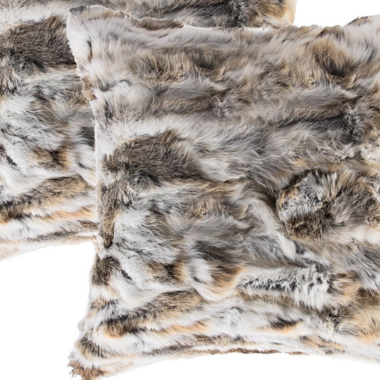 Set Of Two 18" X 18" Tan And White Rabbit Natural Fur Animal Print Throw Pillows