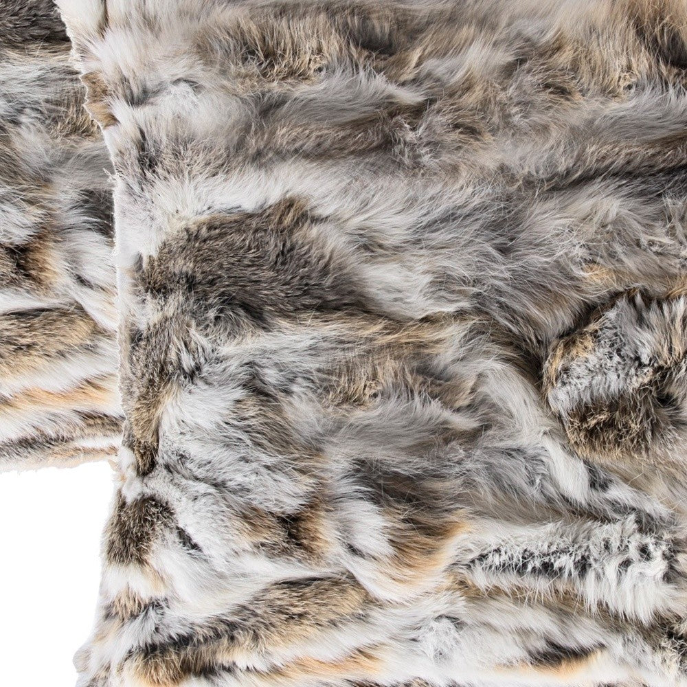Set Of Two 18" X 18" Tan And White Rabbit Natural Fur Animal Print Throw Pillows