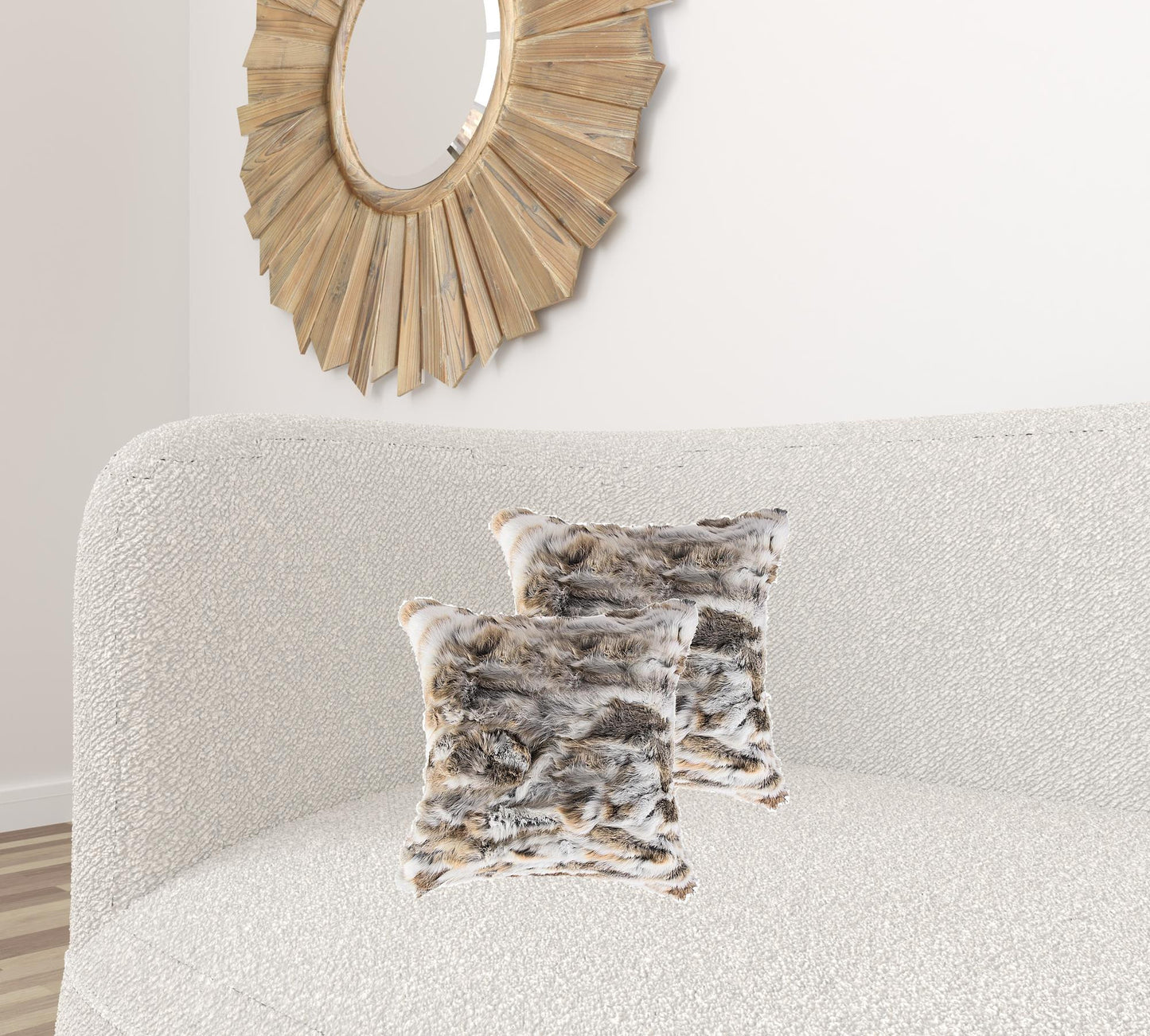Set Of Two 18" X 18" Tan And White Rabbit Natural Fur Animal Print Throw Pillows