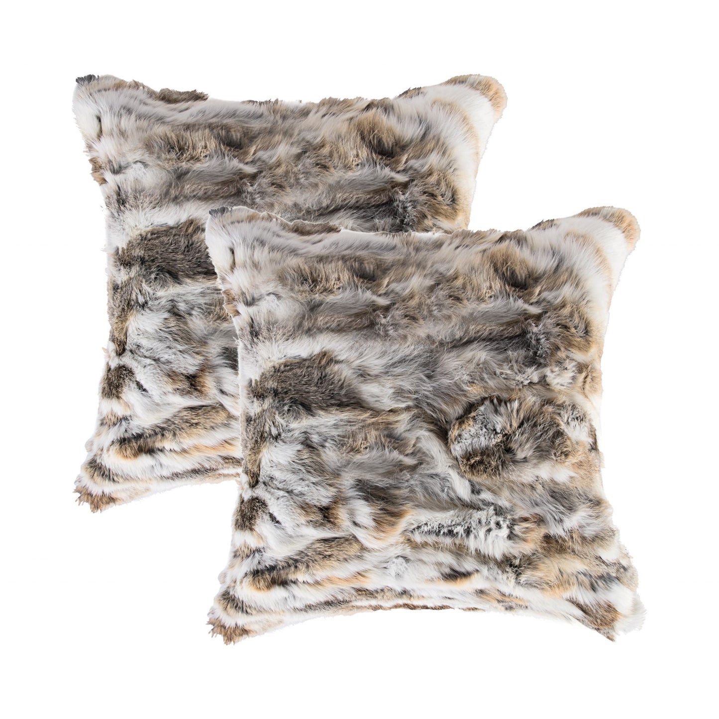 Set Of Two 18" X 18" Tan And White Rabbit Natural Fur Animal Print Throw Pillows