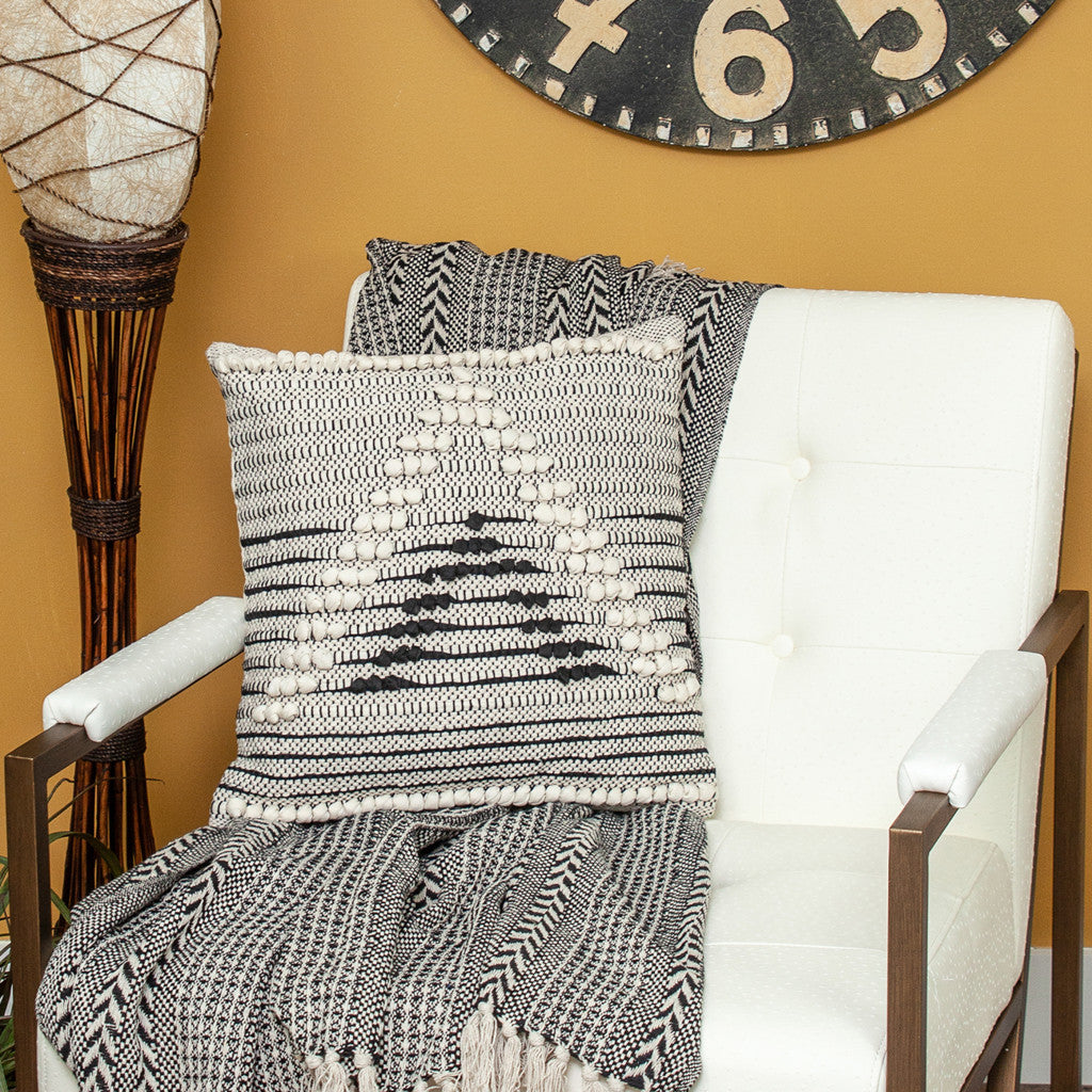 18" X 18" Beige And Black Zippered 100% Cotton Throw Pillow With Embroidery