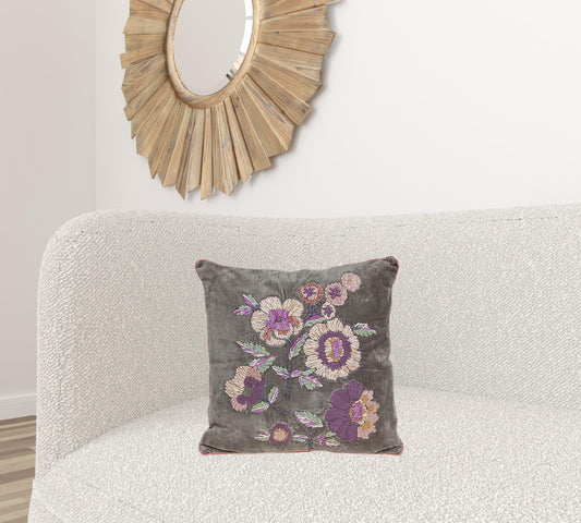 18" X 18" Taupe And Purple Zippered 100% Cotton Throw Pillow With Embroidery