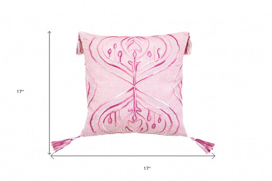 17" X 17" Pink White And Silver Abstract Zippered Polyester Throw Pillow With Tassels
