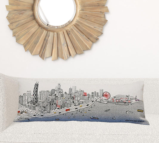 35" White Chicago Daylight Skyline Lumbar Decorative Pillow
