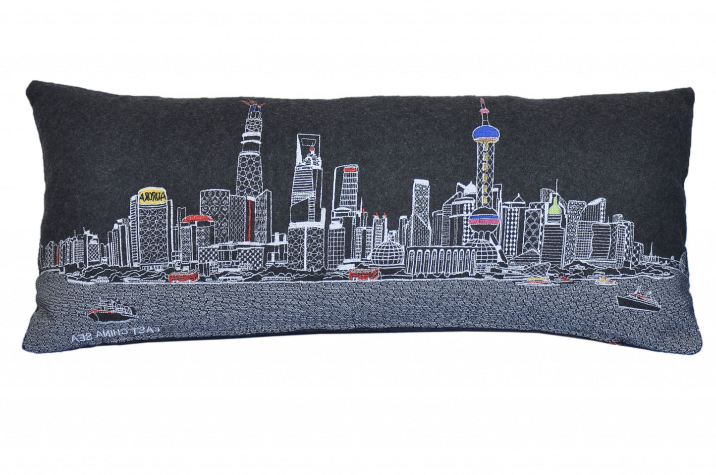 35" Black Shanghai Nighttime Skyline Lumbar Decorative Pillow