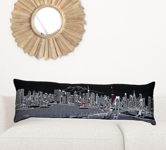 14" X 46" Black Gray and White Wool Zippered Pillow