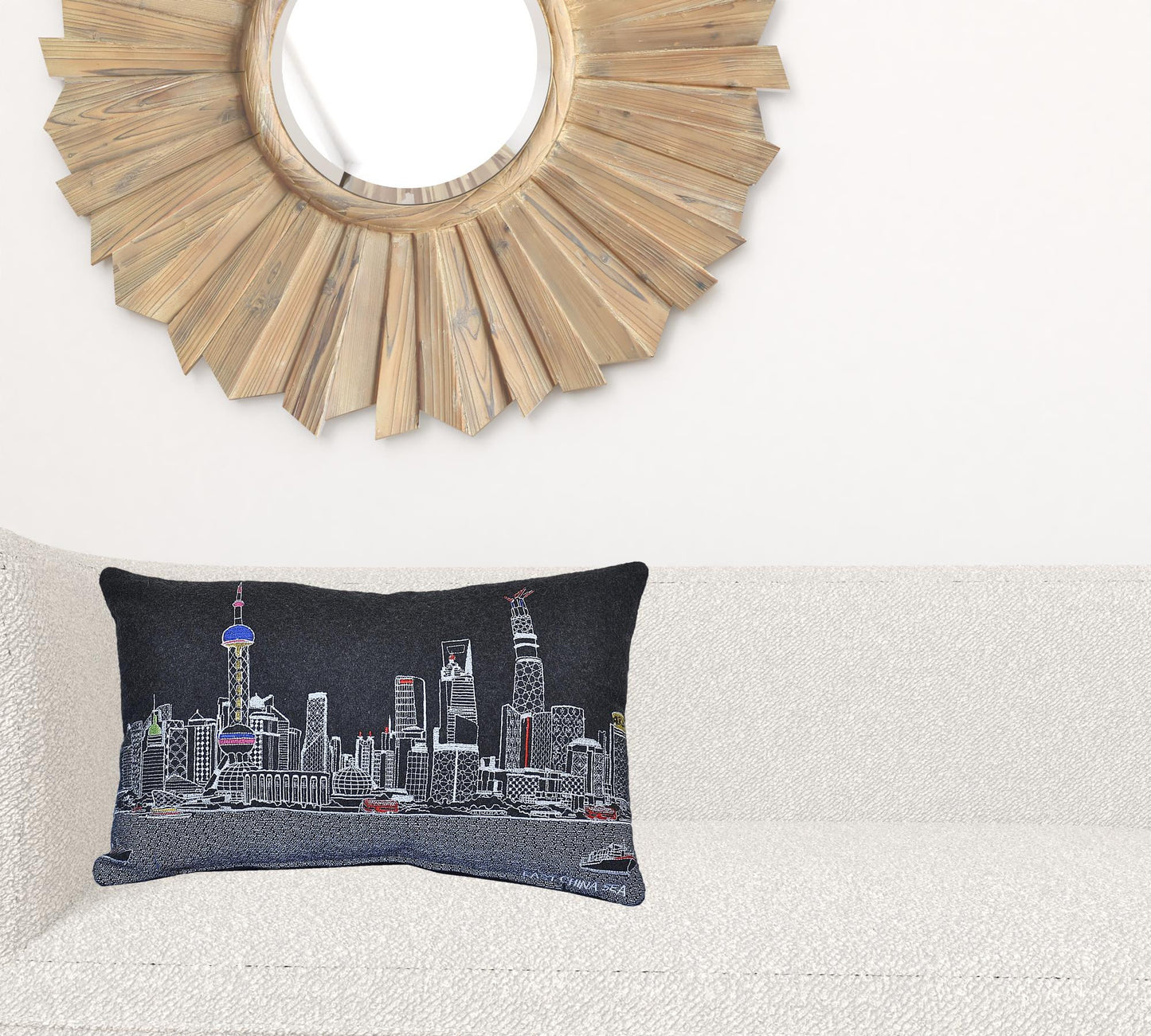 24" Black Shanghai Nighttime Skyline Lumbar Decorative Pillow