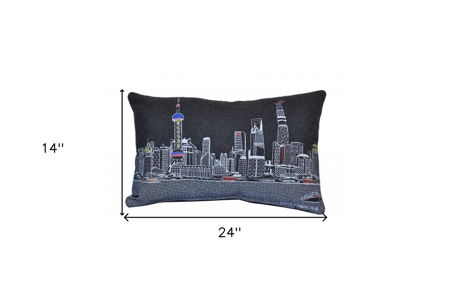 24" Black Shanghai Nighttime Skyline Lumbar Decorative Pillow