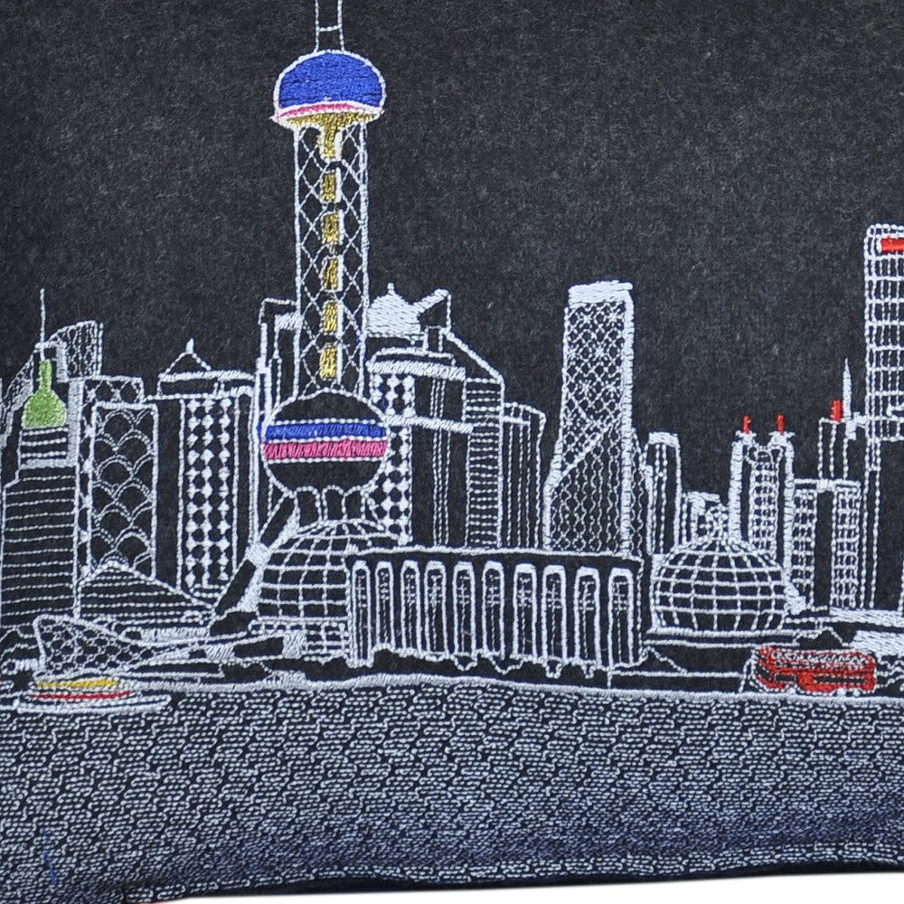 24" Black Shanghai Nighttime Skyline Lumbar Decorative Pillow