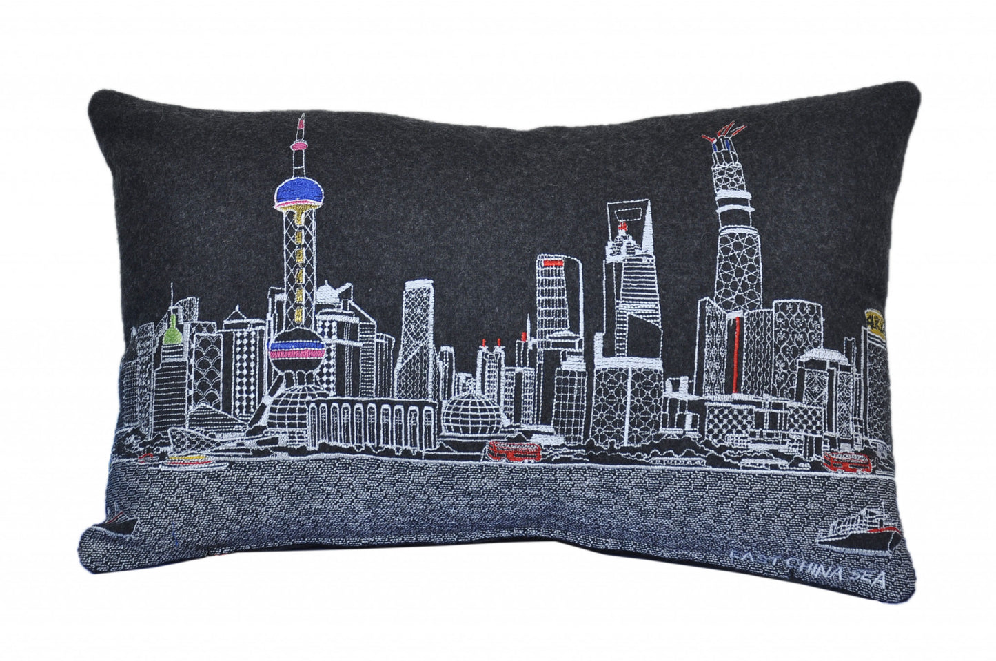 24" Black Shanghai Nighttime Skyline Lumbar Decorative Pillow