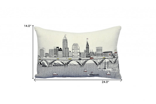 24" White Cleveland Daylight Skyline Lumbar Decorative Pillow