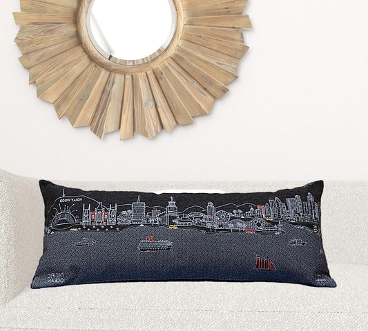 35" Black Los Angeles Nighttime Skyline Lumbar Decorative Pillow