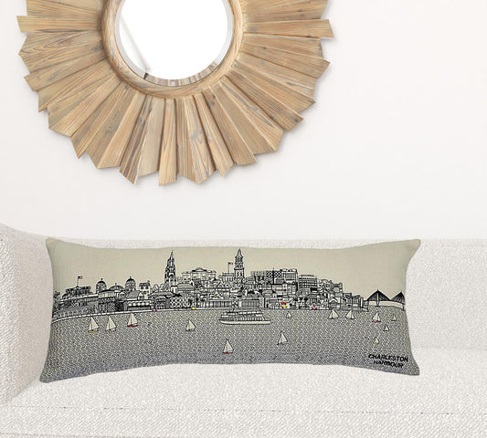 24" White Charleston Daylight Skyline Lumbar Decorative Pillow