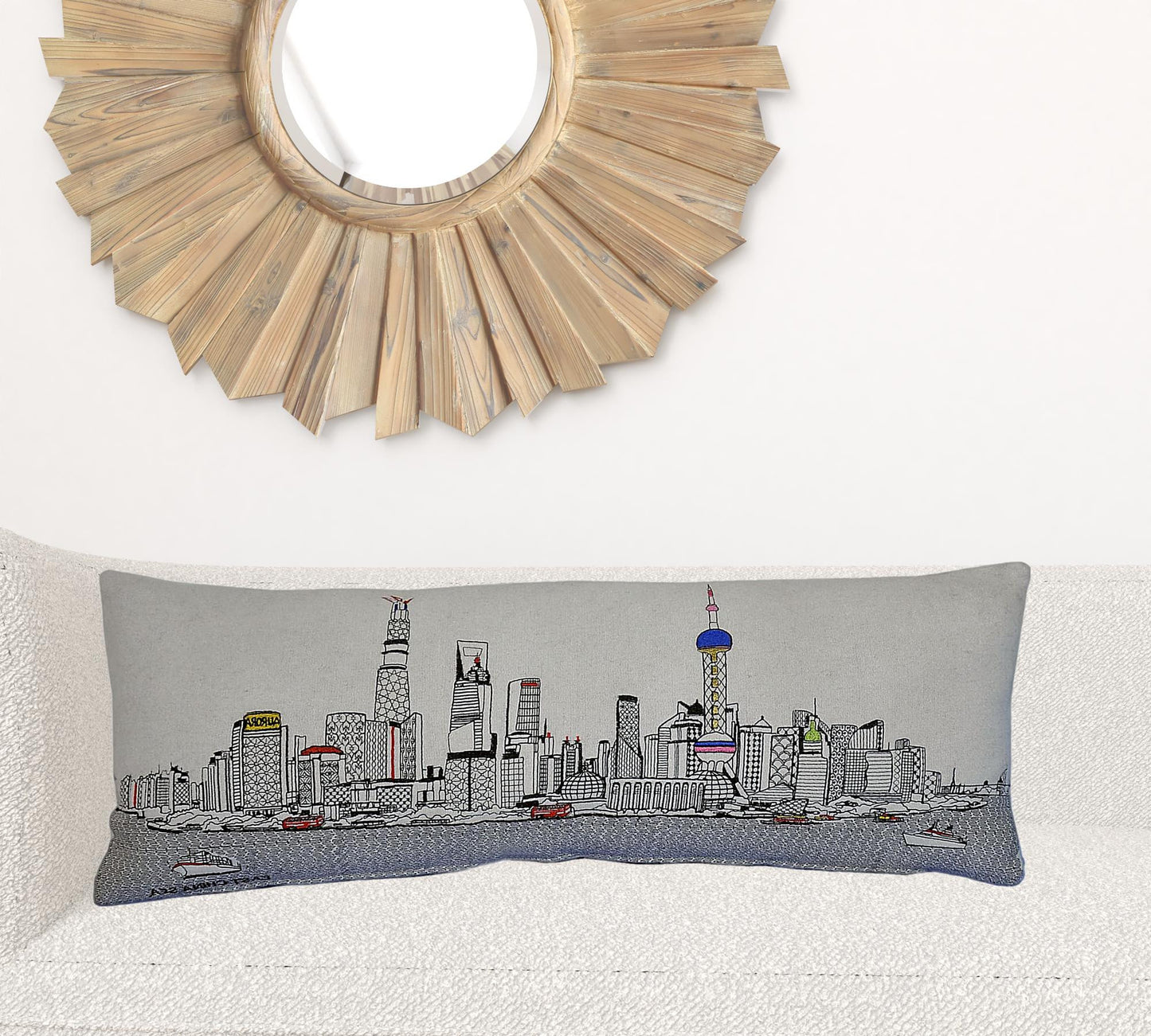 35" White Shanghai Daylight Skyline Lumbar Decorative Pillow