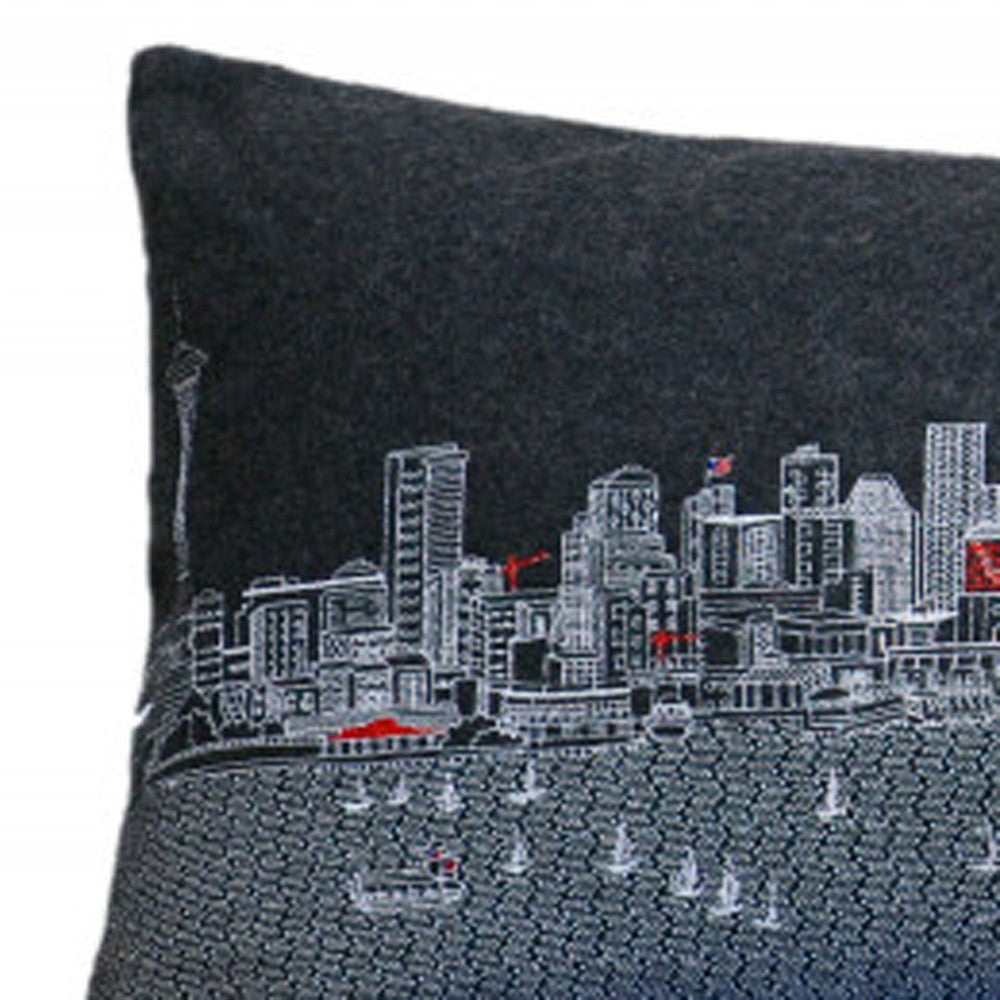14" X 46" Black Gray and White Wool Zippered Pillow
