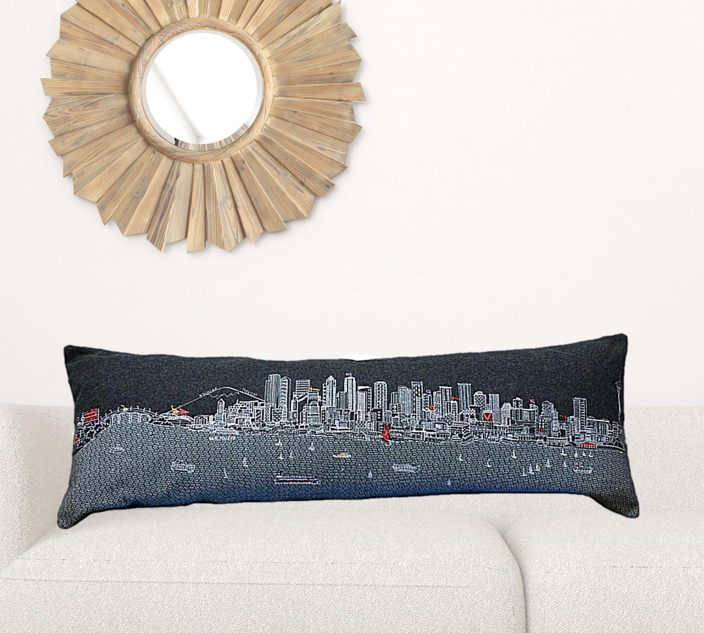 14" X 46" Black Gray and White Wool Zippered Pillow