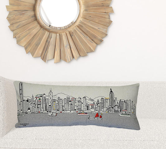 35" White Hong Kong Daylight Skyline Lumbar Decorative Pillow